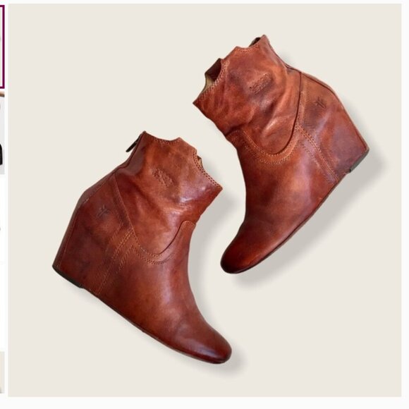Frye Carson Wedge Cognac Leather Ankle Bootie Size 8.5 - Picture 1 of 9
